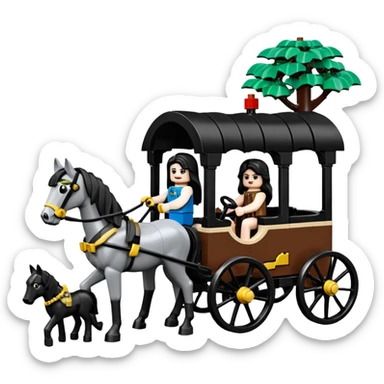  Ultra cute  Lego detailed 1854 Batman and pretty dark-haired Catgirl driving a horse drawn family-size Caravan alone together on a romantic trail in the woods  sticker