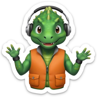 a dinosaur with a weighted vest and headphones, showing a peaceful and content demeanor sticker