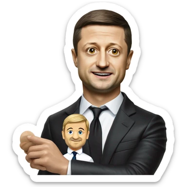 Hyper realistic Vladimir Zelensky pulls the strings  of a wooden doll sticker