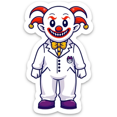 full-body demonic clown in a white leisure suit with bellbottom pants, bald, black ram horns, wearing elevator shoes sticker