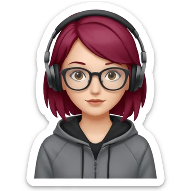 white girl with burgundy hair, gray rectangle glasses, black deportive hoodie and black headphones sticker
