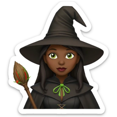 elphaba the wicked witch from wicked movie (cynthia erivo) dark long hair, thick lips, witch hat, broom sticker