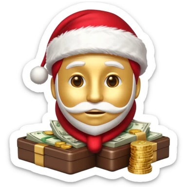 A confident rich emoji face wearing a Santa hat, money stacks, casino vibe, New Year theme, premium 3D emoji style, sharp details, no t sticker