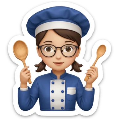 girl kid italian chef, uniform, wearing glasses, holding toy sticker