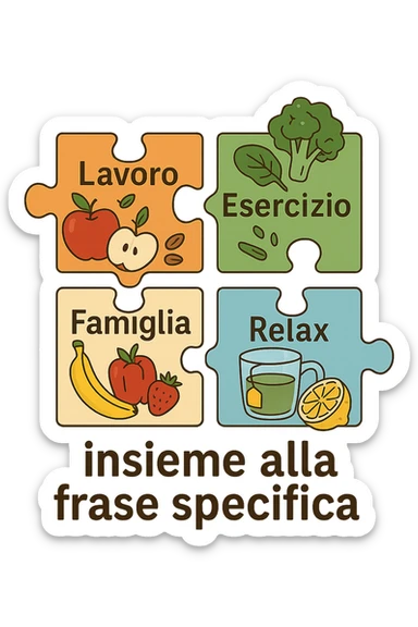 Puzzle (Lavoro, Esercizio, Famiglia, Relax), and healthy foods insieme alla frase specifica are integrated into each piece. in italiano sticker