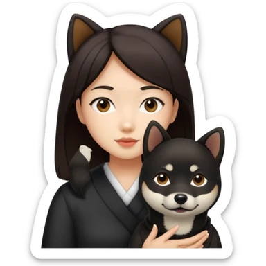 Asian girl with dark brown hair and a black shiba inu sticker