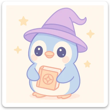 adorable penguin wizard holding an ancient book, mystical sticker