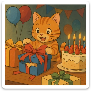 ginger tabby kitten opening presents, birthday party scene with balloons and cake, ghibli style sticker