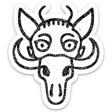a highly abstract and minimalist red icon combining: stoat fur texture, minotaur skull with horn, frog eyes, elf facial structure, moth antennae, cat ears, platypus bill elements, and capybara nose, all fused into one bizarre chimeric head, extremely weathered with scratches, broken lines, and worn appearance, entirely red sticker
