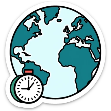 Earth globe with a small clock in the bottom corner, timezone icon sticker