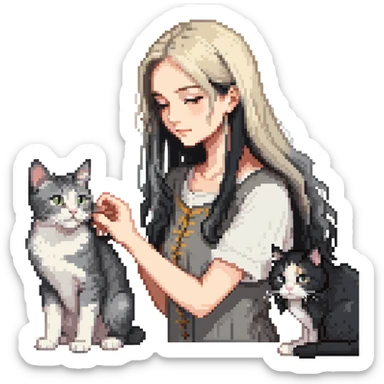 Beautiful girl with long black hair petting a gray and blonde mixed cat sticker