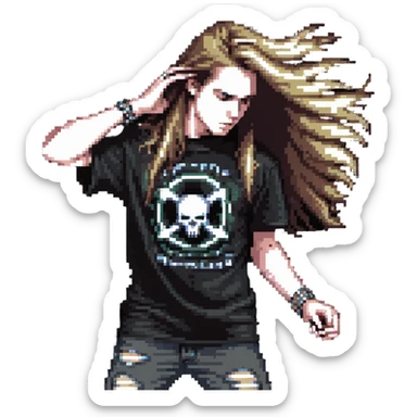 A person headbanging with long hair, wearing a metal band t-shirt sticker