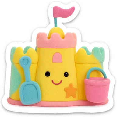 Make the soft toy jellycat sand castle more colorful with bright and pastel beach-themed accents, keep the plush look, no background, soft plush toy style sticker
