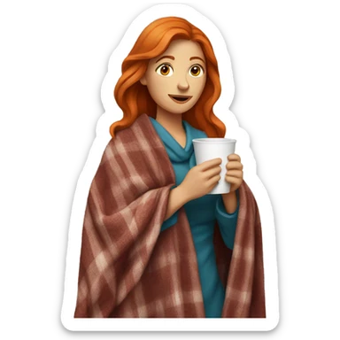 Red-haired woman with a cup in her hands and a blanket over her sticker