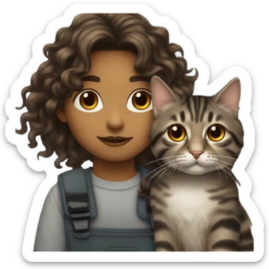 Young artist with long dark wavy hair and a tabby cat sticker