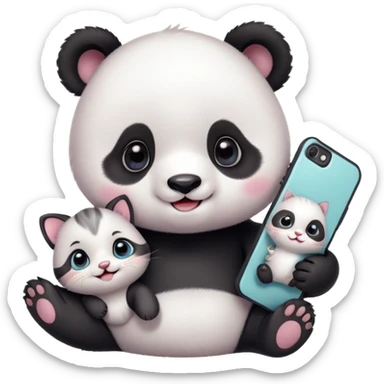 A cute baby panda taking a selfie with a small kitten, both smiling and looking at the camera, cartoon style, pastel colors, soft background, ultra cute, kawaii style, detailed, high resolution
 sticker