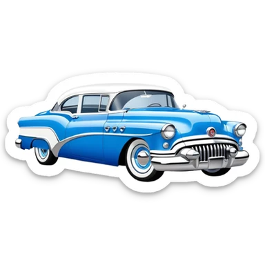 classic hot rod car, 1950s Buick Century influence, bright blue and white colors, chrome accents sticker