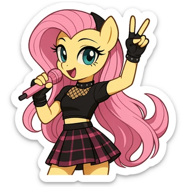 Fluttershy in a Blackpink-inspired style, performing on stage, with pink and black accents, transparent background sticker