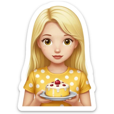 a girl with long lashes, long blonde hair, wearing a yellow polka dot t-shirt, holding a pudding sticker