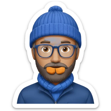 Create a figure that reflects an experienced entrepenurr but who has professional and elegant clothing, blue winter cap, grey glasses, brown eyes and an unkempt beard  sticker
