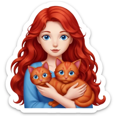 girl with red long wavy hair and blue eyes holding a red cat sticker