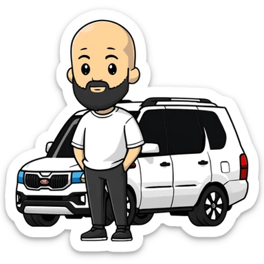 bald man with beard standing next to a white Kia Mohave SUV sticker