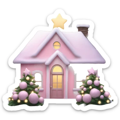 Pastel pink Christmas house with Christmas lights and evergreen trees sticker