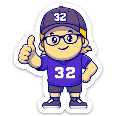 Man with black and white cap, purple sports jersey with number 32, clear glasses, disheveled light blond mullet hairstyle, thumbs up gesture, relaxed expression sticker
