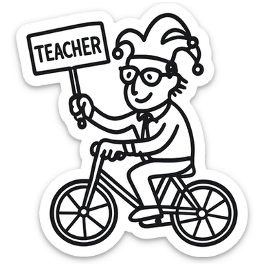 A teacher riding a bike with a joker-like aura sticker