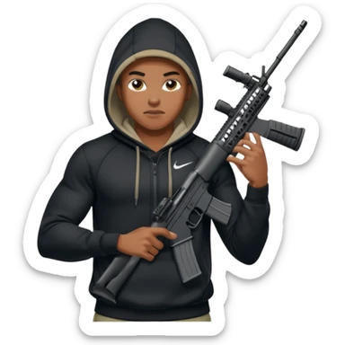 
Fais moi un jeune afro américain qui ressemble a un gangster qui tient une AR15 avec un hoodie a capuche, capuché, avec la cagoule nike therma fit hood sticker
