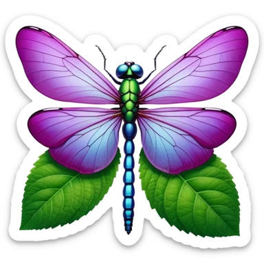 3D Realistic Still life vivid, bold, vibrant plum color highly detailed Hydrangea macrophylla,  beautiful green leaves, highly detailed large size wings,  iridescent colors dragonfly resting  sticker