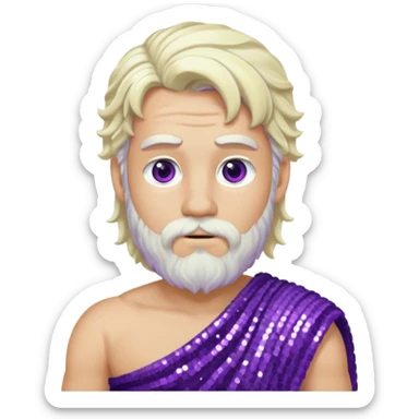 Zeus from Greek Gods with long platinum blonde wavy hair and short beard, purple sequin toga sticker