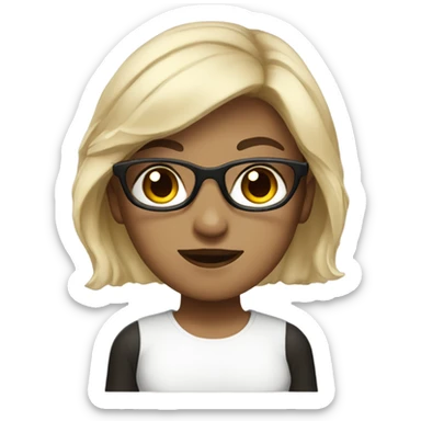 A girl with black glasess dark brown hair dark brown eyes color and white shirt sticker