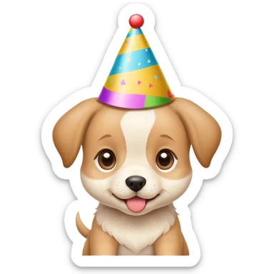 Cute puppy with a silly expression wearing a tiny party hat sticker