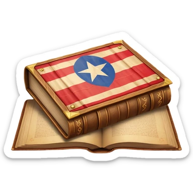 Ancient book with Puerto Rican flag on leather cover, theater curtain symbol carved in wood, warm vintage parchment textures, soft golden glow representing timelessness and theatrical heritage sticker