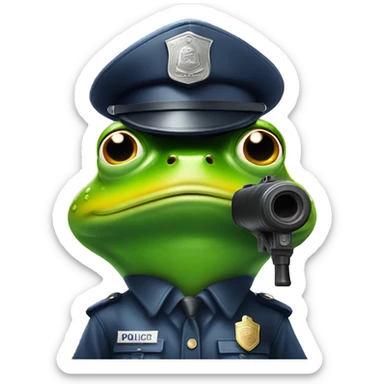 frog with policehat and serious expression looking towards camera three quarters holding watergun facing camera sticker