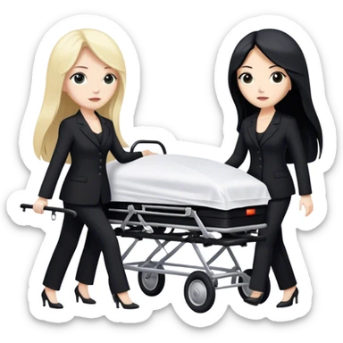Two woman with long hair. One has black hair and one is blond. They have black pants suits on. And they are pushing a funeral stretcher in to a black Mercedes Vito funeral car. On the stretcher is a body covered in white sheets sticker