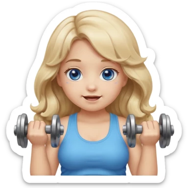 Kawaii emoji girl with big  blue glossy eyes, long wavy dirty blonde hair, happy expression, holding a dumbell, chubby cheeks, soft pastel colors, cozy and sweet aesthetic, clean background. sticker