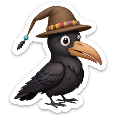 a raven wearing a funny hat, standing on a worm sticker