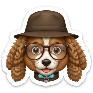 hatted dog with glasses and curly hair sticker