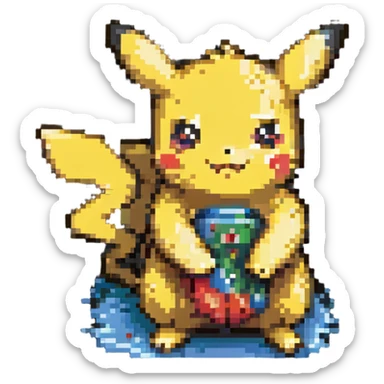 cute Pikachu Pokémon, retro blocky appearance, adorable features sticker
