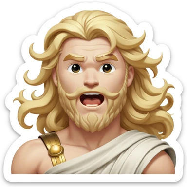 Cinematic Realistic Thor Portrait, head tilted slightly with a dramatic, wide-open yawn, revealing a moment of unguarded human vulnerability amidst his divine stature. His fair, luminous skin and elegantly styled, wavy golden hair maintain their sculptural perfection even in repose. Dressed in a flowing white toga with understated golden accents, the portrait is bathed in soft natural light, capturing a rare glimpse of relaxed, timeless strength from a Greek god reborn. sticker