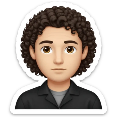 He’s a young man with light to medium skin, a defined oval face, full brows, deep-set eyes, and voluminous curly dark brown hair styled with height. expression calm and focused relaxed black open-collar shirt.polished, articulate, and professional vibe. sticker