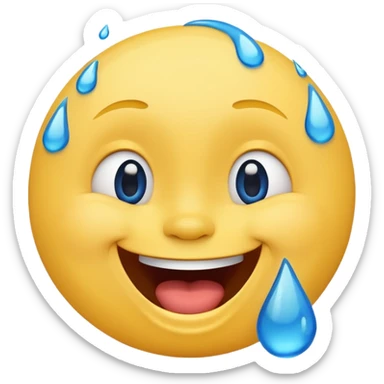 Emoji, yellow round laughing tilted head face sideways with blue tears of fun sticker