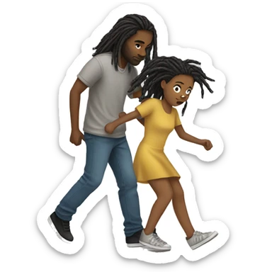 A girl dragging a boy with dreads in her hand sticker
