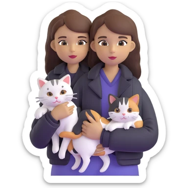 Light-skinned girl with brown straight hair wearing a black jacket, holding one completely white cat and one calico cat sticker