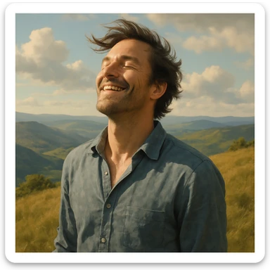 A smiling man with wind-blown hair, eyes closed, face turned to the sky, standing on a hilltop, capturing the feeling of a free spirit, gentle realistic style sticker