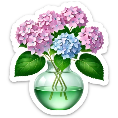 Hyperrealistic, 3D rendering, still life, smooth, clean thin lines, 8k,  pale pink, and white lush Hydrangeas with vivid leaves in 3D sparkling realistic crystal translucent glass vase. 1x1 in size sticker