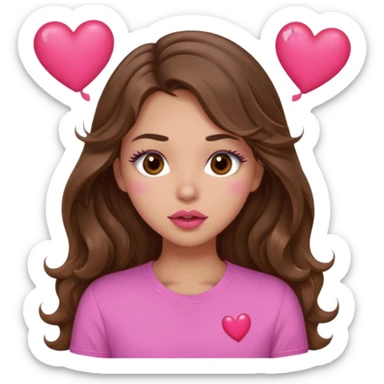 girl with long wavy brown hair, brown eyes, light to medium complexion, in a pink shirt, pink lips, long lashes, puckering lips kissing, blushing with hearts sticker