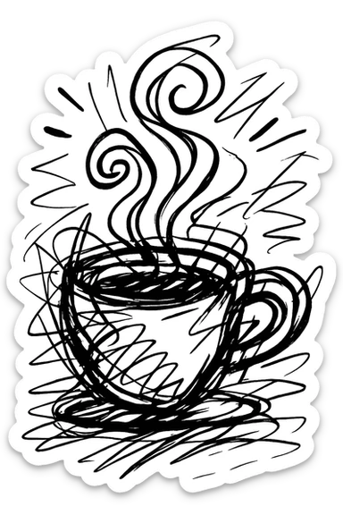 chaotic hand-drawn black outline icon of a coffee cup with swirling steam and scribbled lines sticker